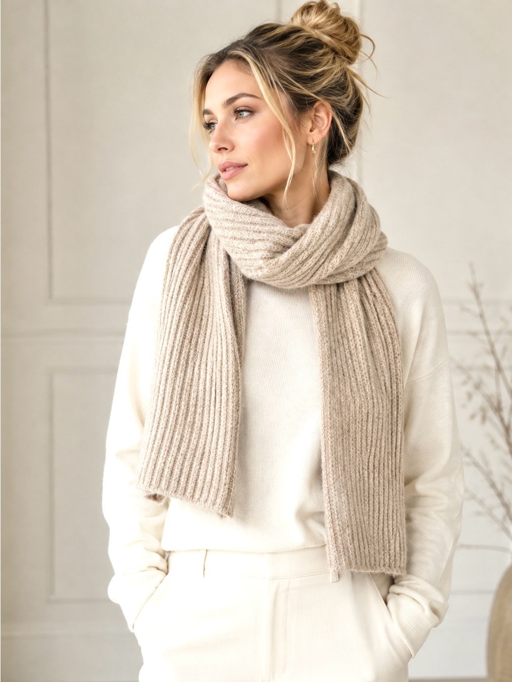 J. Crew Knit Scarf Textured Vertical Stitch Pattern Ribbed Light Brown Warm Cozy - Picture 5 of 7